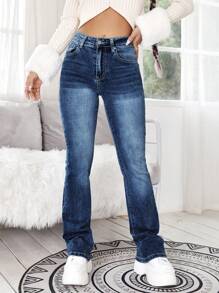 High Waist Bleach Wash Jeans - Blue - View 5