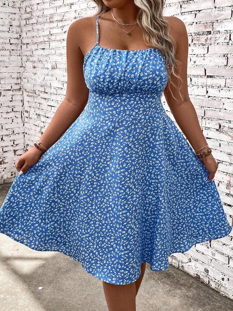 SHEIN Clasi Vestido Camisero Floral Sin Espalda De Talla Grande - Azul - Añade 4