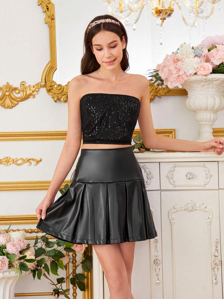 Haut Sans Bretelles Y2k Pour Fille Adolescente Pour Fetes Et Jupe Plissee En Pu Ensemble De 2 Pieces Mode en ligne SHEIN FRANCE