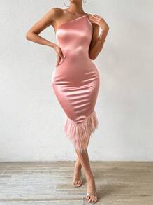 Chiquease Robe Moulante À Frange Avec Ourlet À Franges Asymétrique Et Encolure Asymétrique Unie - Rose bonbon - Voir 5