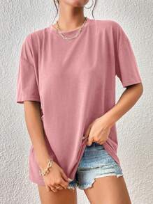 INAWLY Women's Round Neck Dropped Shoulder Short Sleeve T-Shirt - Dusty Pink - View 6