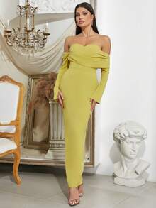 Elegant, Vintage Bandeau Backless Puff Long Sleeves Pleated Back Split Dress - Yellow - View 6