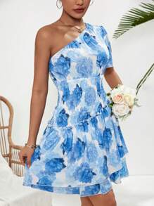 Breezaya Vestido De Cintura De Flores Para Mujer Con Un Solo Hombro Y Mangas Cortas Fruncidas
