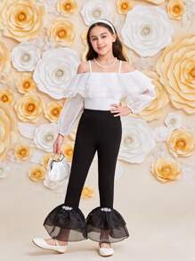 SHEIN Blusa De Organza De Manga Comprida Com Ombros De Fora, Gola De Babados De Camadas Duplas Para Meninas Pré-adolescentes - Branco - Visão 7