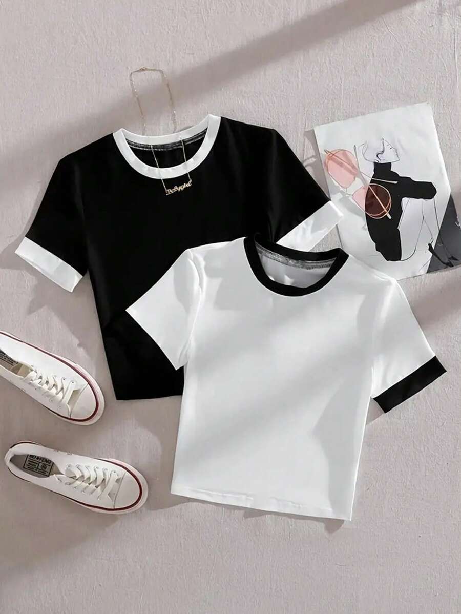 SHEIN EZwear Của phụ nữ Vòng cổ Ngắn tay Áo thun - Nhiều màu - Xem 1