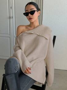 DAZY 女士不对称拉链长袖开衫，秋季女装 - 杏色 - 查看 5