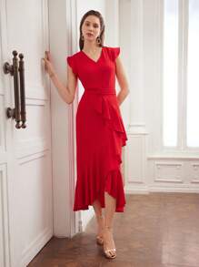 MOTF PREMIUM Vestido Entallado De Mujer Tejido Con Cuello En V, Detalle De Volantes Y Correa De Hebilla - Rojo - Ver 7