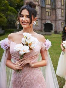 SHEIN Belle Manches Épaules Dénudées, Croix Sur La Poitrine, Sangle Arrière, Embellissement Floral 3d, Tissu Tulle Orné De Satin, Ourlet Fendu, Petit Train, Robe De Soirée - Vieux Rose - Voir 8
