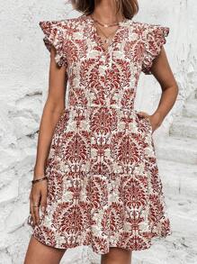 SHEIN LUNE Women's Allover Print Ruffle Sleeve Dress