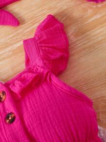 SHEIN 女嬰荷葉邊雙層薄紗連身褲帶蝴蝶結裝飾和配套頭帶 - 玫紅色 - 查看 5