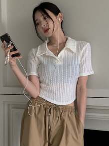 DAZY Ladies' Solid Color Turn-Down Collar Short Sleeve T-Shirt