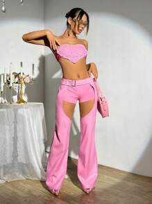 SHEIN ICON Low Waist Hollow Out Splicing Pu Leather Pink Pants - Pink - View 5