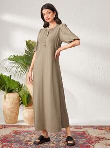 Seusyu Women's Button Front Puff Short Sleeve Dress - Army Green - View 7