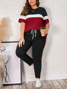 SHEIN LUNE Plus Size Color Block Round Neck Top And Pants Two Piece Set For Summer - Red - View 3