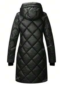 Giolshon Ladies' Fall And Winter Warm, Simple Mid-Length Commuting Quilted Puffer Jacket With Double-Headed Zipper, Hooded