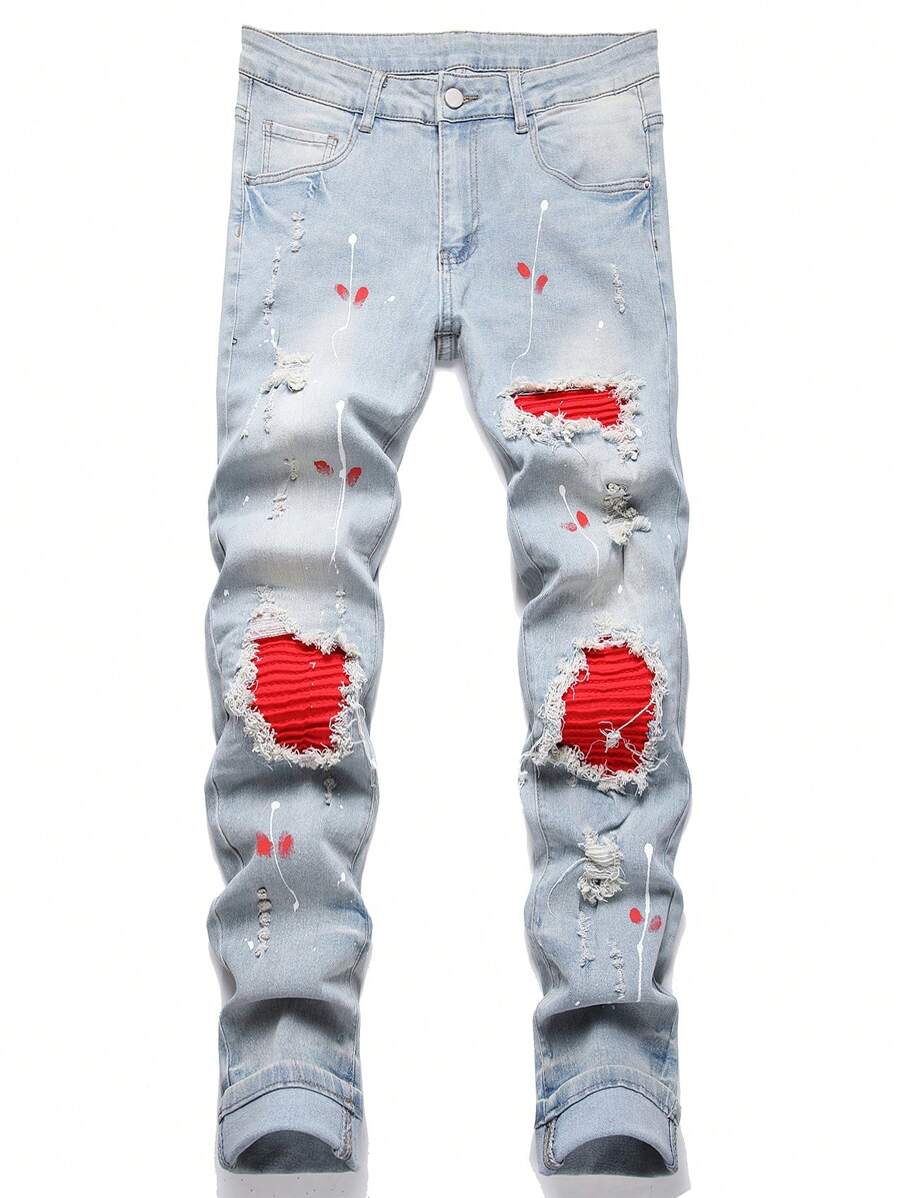 Manfinity Roughcore Men's Patchwork Ripped Jeans, Frayed Slim Fit Long Light Blue Cargo For Husband, Boyfriend Gifts Hang Out Street Going Urban, Emo Style - Light Wash - View 1