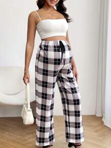 SHEIN Adjustable Waist Plaid Pants For Pregnant Women For Maternity