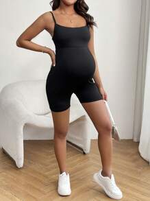 SHEIN Solid Color Maternity Slim Fit Romper With Spaghetti Strap - Black - View 4
