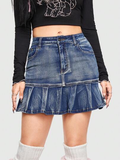 Kawaii Women's Denim A-Line Skirt With Ruffled Hem