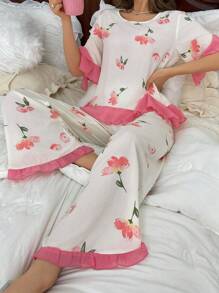 CottageSlumber Ladies' Floral Printed Short-Sleeve Pajama Set - Pink - View 3