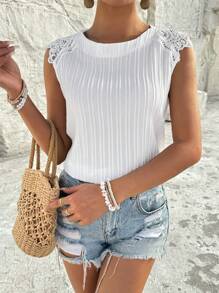 SHEIN VCAY Solid Color Lace Patchwork Blouse - White - View 5