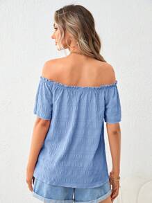 SHEIN LUNE Của phụ nữ Off-shoulder Ngắn tay Áo sơ mi Với Lá sen tỉa - Màu xanh nhạt - Xem 2