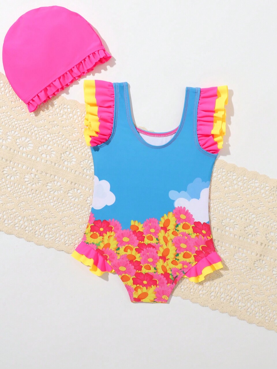 Baby Girl Cartoon Printed One-Piece Swimsuit With Ruffle Decor + Swimming Cap