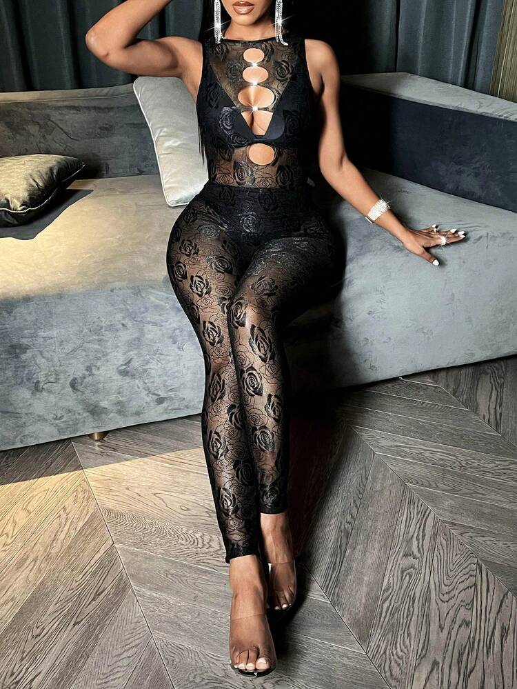 Women's Rose Printed Hollow Out Unitard Jumpsuit