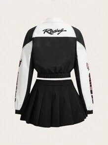ROMWE PUNK 女士字母和数字印花拉链前夹克和百褶裙套装，学校 - 彩色 - 查看 2