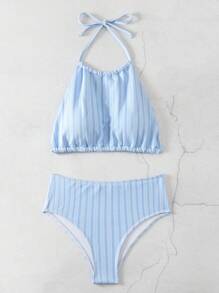 SHEIN Swim Women's Striped Halter Strap Two-Piece Bikini Set Carnival Summer Beach