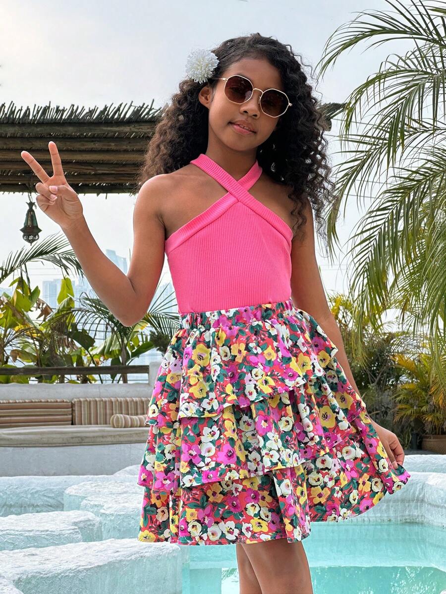 SHEIN 少女日常針織綁頸上衣配印花裙裝,家庭與休閒穿著 - 玫紅色 - 查看 1