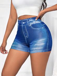 VaVaBold 彈性腰夏季女士緊身短褲，適用於夏季打底短褲 - 藍色 - 查看 4