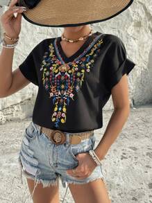 Breezaya Women's Plant Embroidered V-Neck Blouse