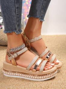 金色坡跟仙女凉鞋，春夏交叉绑带厚底罗马鞋，百搭显瘦，旅行必备 - 金色 - 查看 6