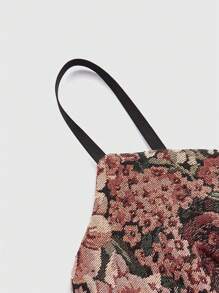 ROMWE Fairycore Abito da donna con spalline a spaghetti, fiori vintage in patchwork, spalle scoperte, vestibilità aderente, balza asimmetrica sul fondo - nero - Visualizzare 4