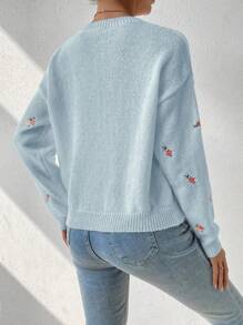SHEIN LUNE Women's Floral Embroidered Drop Shoulder Sweater,Long Sleeve Tops
