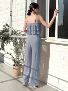 Dazy Star 女士纯色荷叶边下摆吊带背心和裤子假日套装夏季，女士两件套 - 藍色 - 查看 2