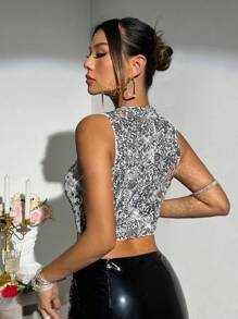 SHEIN ICON Y2k Slim Fit Crossed Hollow Out Pointed Hem Beaded Going Out Tank Top For Summer - Silver - View 2