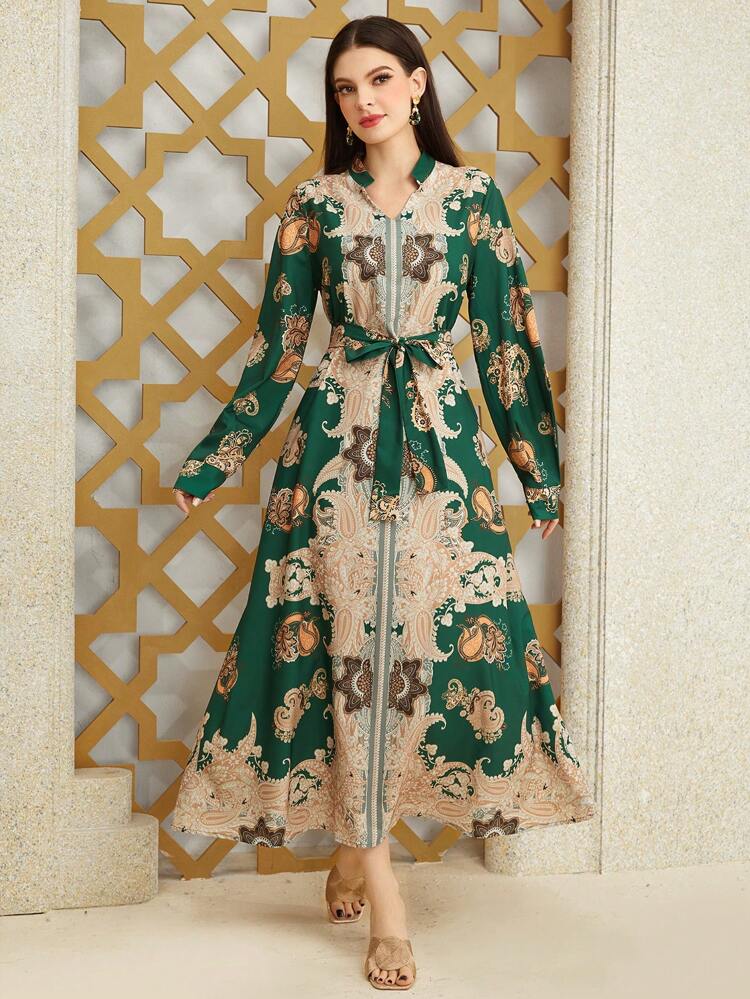 Women's Long Sleeve Arabian Caftan Dress With Paisley Print