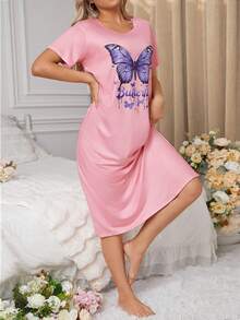 Women's Butterfly & Letter Pattern Pajama Sleepwear Dress - Pink - View 4
