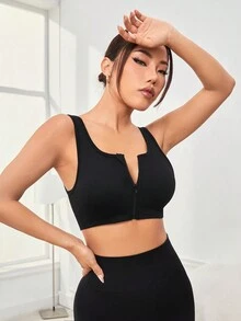 Yoga Trendy 女式純色休閒拉鍊運動文胸 - 黑色 - 查看 5