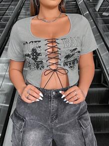 Flirla Camiseta Corta Cruzada De Talla Grande Para Motocicleta Con Estampado De Letras Y Atado