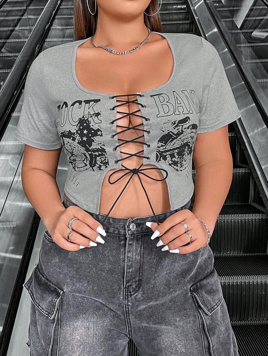 Flirla Plus Size Motorcycle Letter Printed Criss-Cross Crop Top With Tie - Grey - View 1