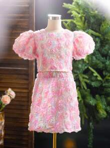 SHEIN Tween Girls' 3d Flower Pattern Round Neck T-Shirt And A-Line Skirt Set - Pink - View 1