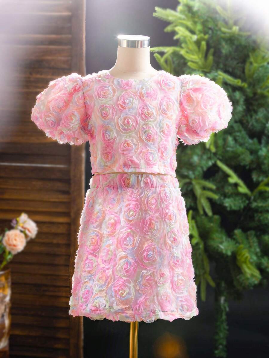 SHEIN Tween Girls' 3d Flower Pattern Round Neck T-Shirt And A-Line Skirt Set - Pink - View 1