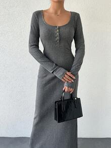 SHEIN Cottnline 鈕扣長袖緊身連衣裙（半衣襟） - 灰色 - 查看 5