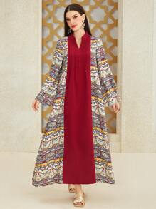 Al Najma Notched Collar Flare Sleeve Dress - Red - View 1