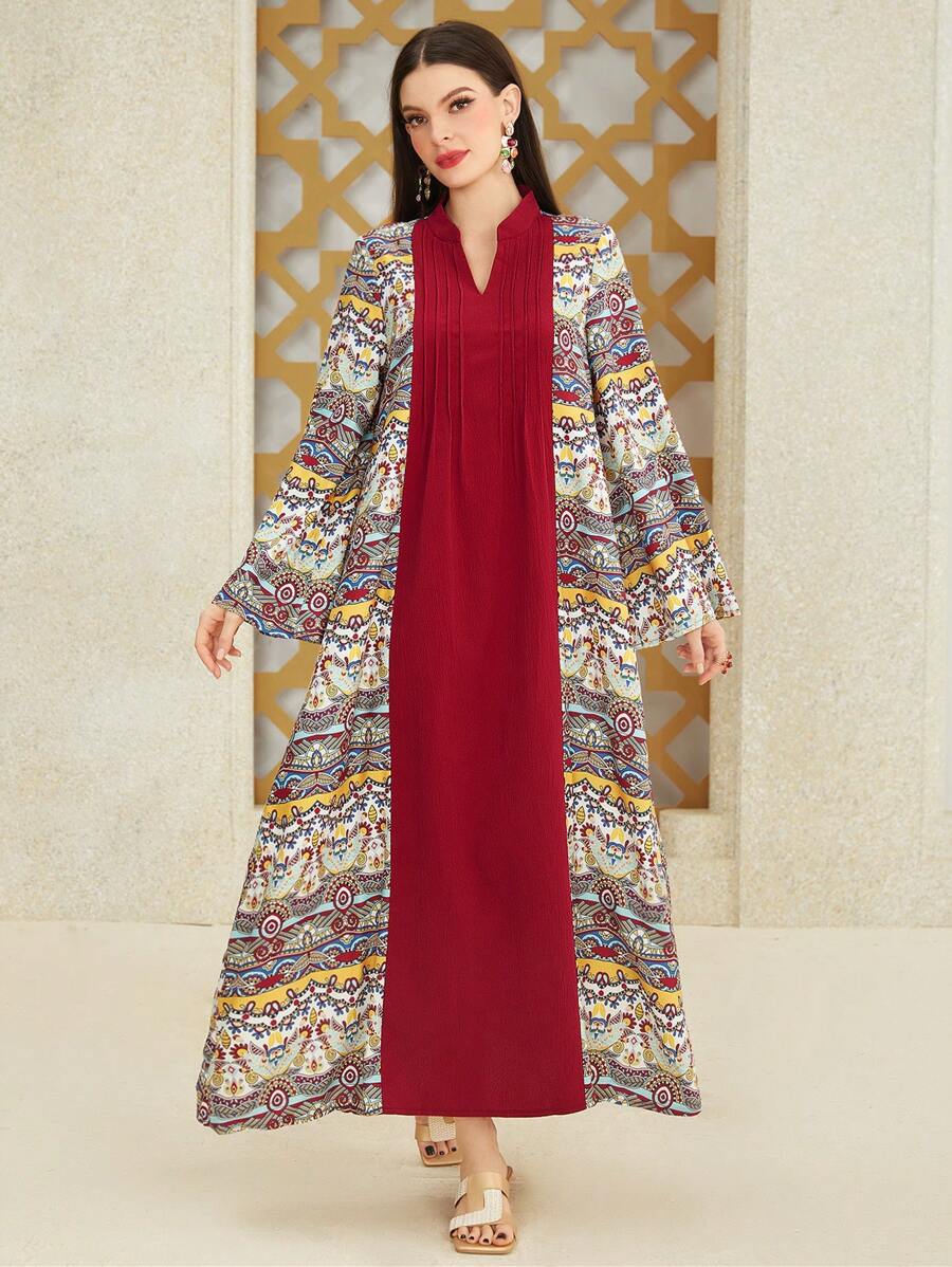 Al Najma Notched Collar Flare Sleeve Dress - Red - View 1