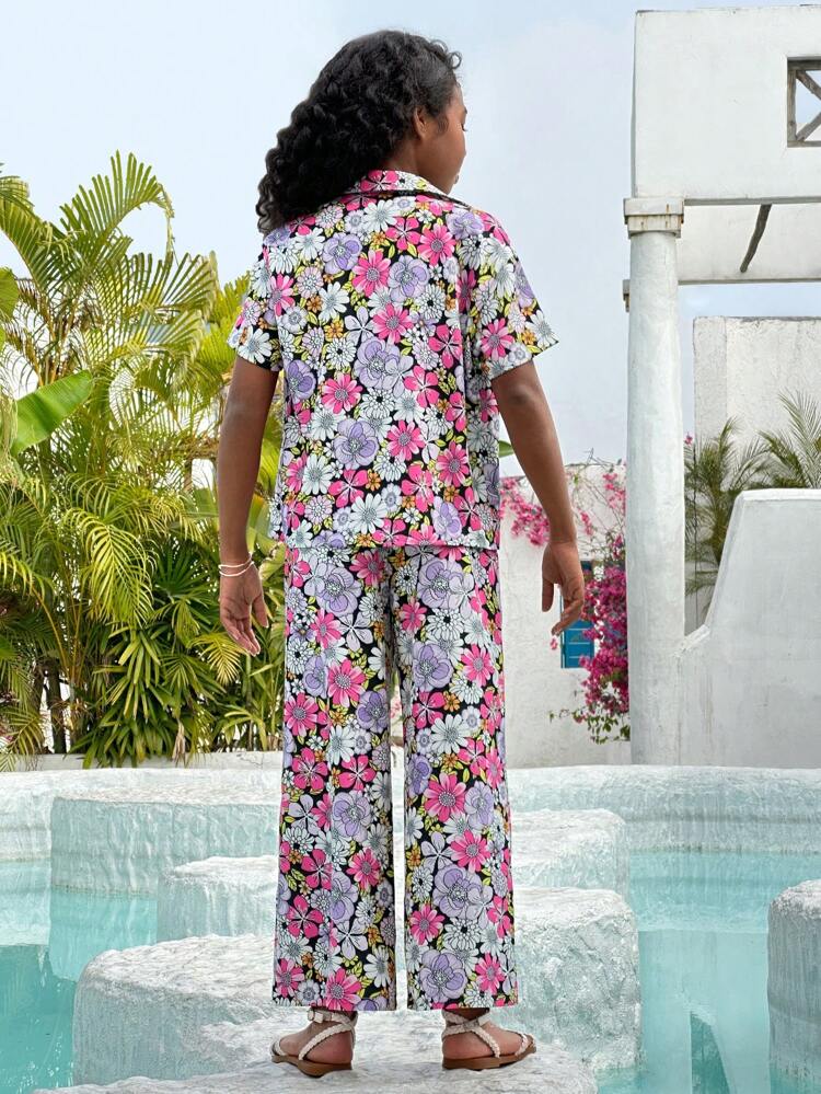 3pcs/Set Tween Girls' Daily Casual Floral Print Short Sleeve Shirt, Long Pants And Knit Vest Outfits