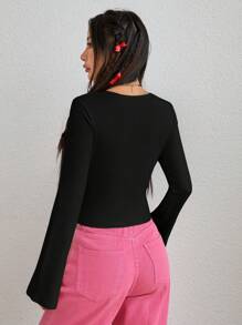 SHEIN MOD Solid Color Women's Twist Knot, Sweetheart Collar T-Shirt - Black - View 2